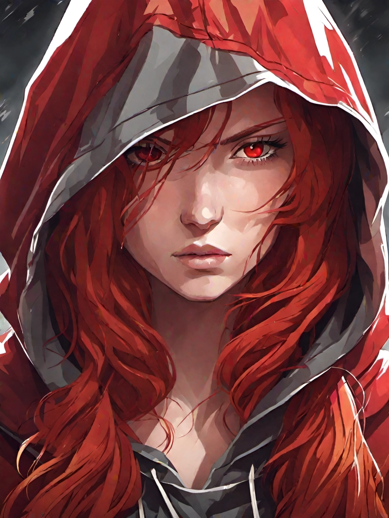 Young female adult, long red hair, vibrant red eyes, medieval grey hooded robe, serious facial expression. Face close-up. Anime style. 