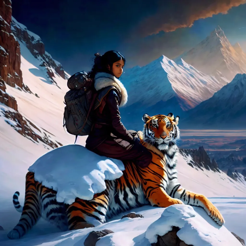 Hyperrealistic Hyper detailed image of an Indian girl sitting on tiger's back in the middle of dessert and snow mountains in background