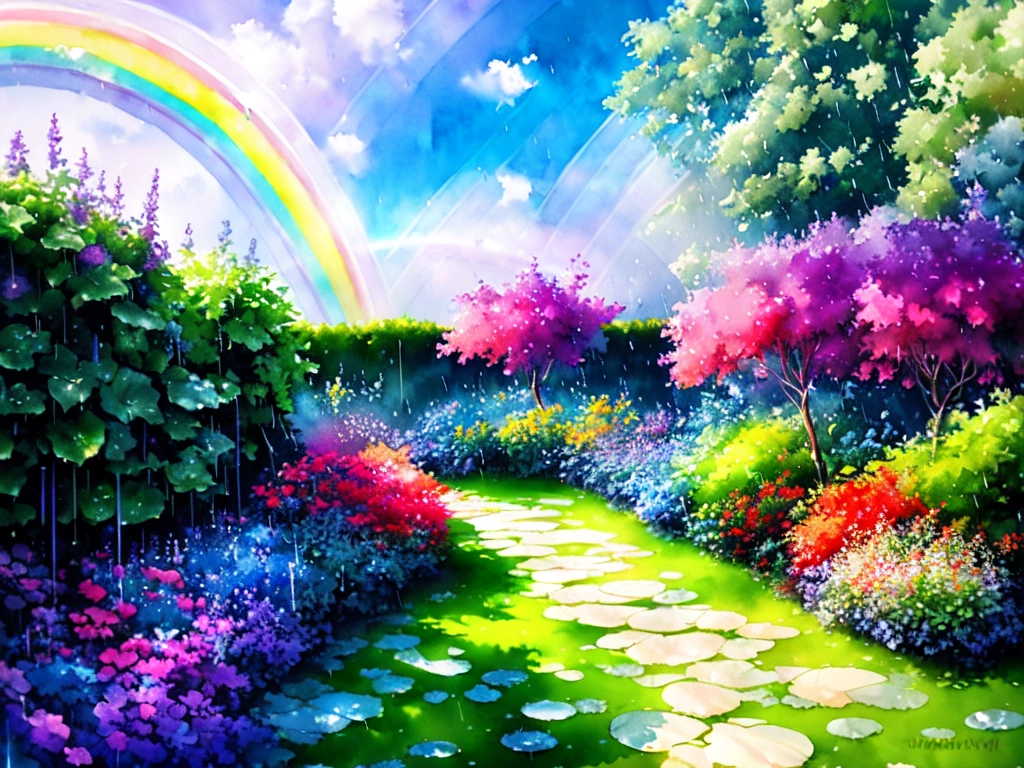 garden, ((rain, rainbow)), blue background, plants, sky, cloud, watercolor, flowers everywhere, beautiful, gorgeous, art drawn, in artstyle by professional artists wl, ultra-detailed face, masterpiece, best quality, ultra detailed, sunlight