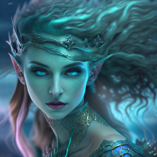 Underwater, elf, female, teal skin, blue eyes, swimming, long ears, fantasy art, fish scales, webbed hands, beautiful elven woman, detailed face, wavy hair, 