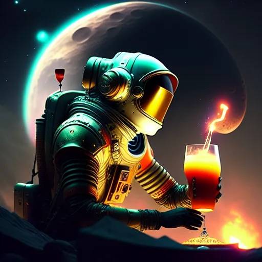 Astronaut chilling on moon and drink juice 
