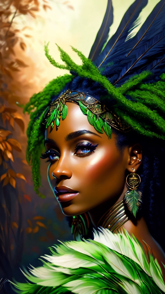 Portrait of a Goddess of nature, most beautiful african american, green vines and flowers with black flowing for hair, feathers, trending on artstation, sharp focus, studio photo, intricate details, extremely detailed, sharp focus by greg rutkowski