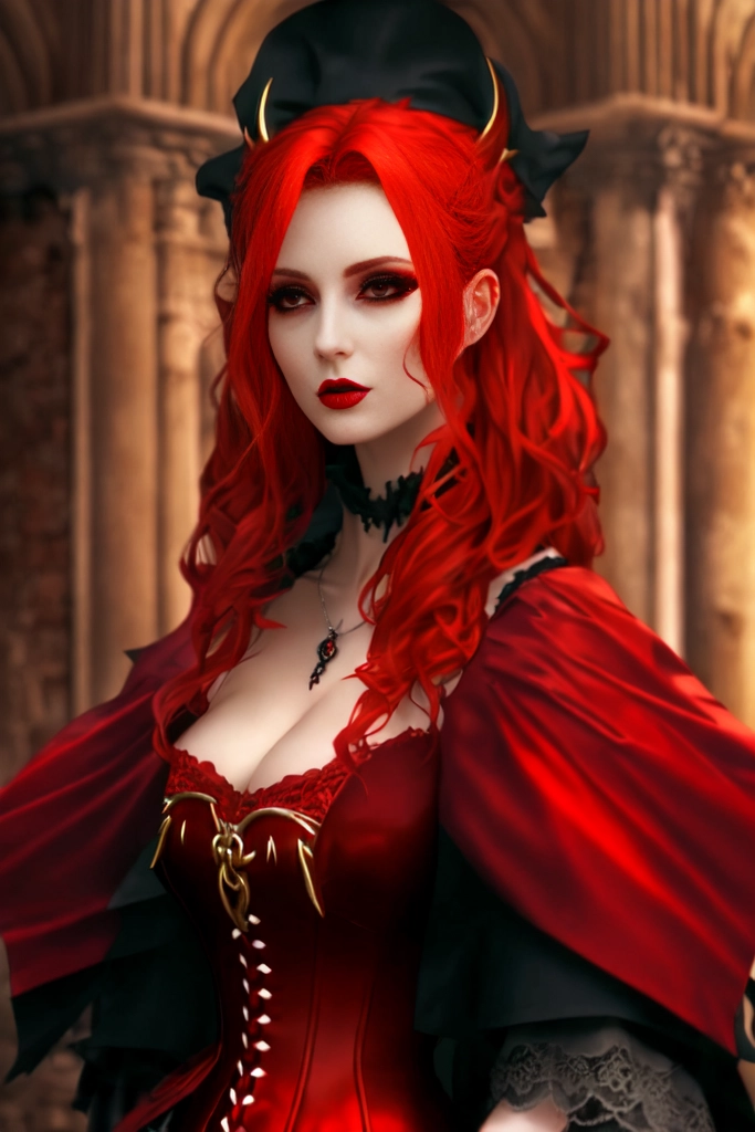 a vampire lady with ginger hair, light grey eyes with black mascara, and pale skin that juge you as an inferior being. She lives in the ruins of an old church. She wears a red dress with lots of lace. On top of it she has a black leather corset.