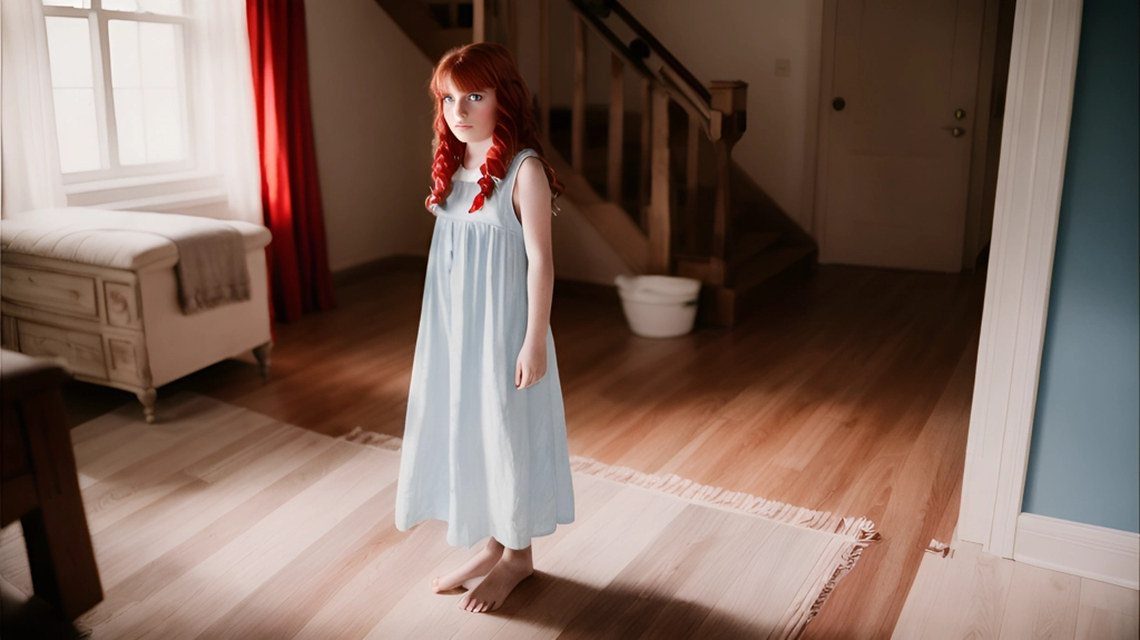12 year old Regan MacNeil in the living room, nightgown, red hair, blue eyes