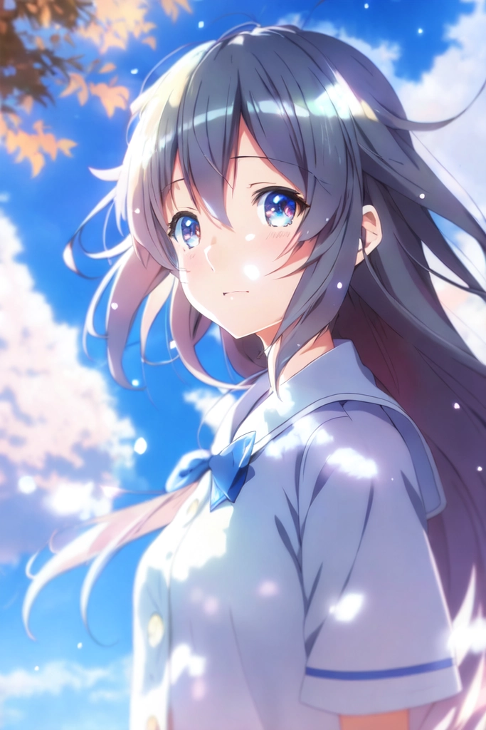 anime girl illustration art, big eyes, your name style, soft dappled lighting, blue sky