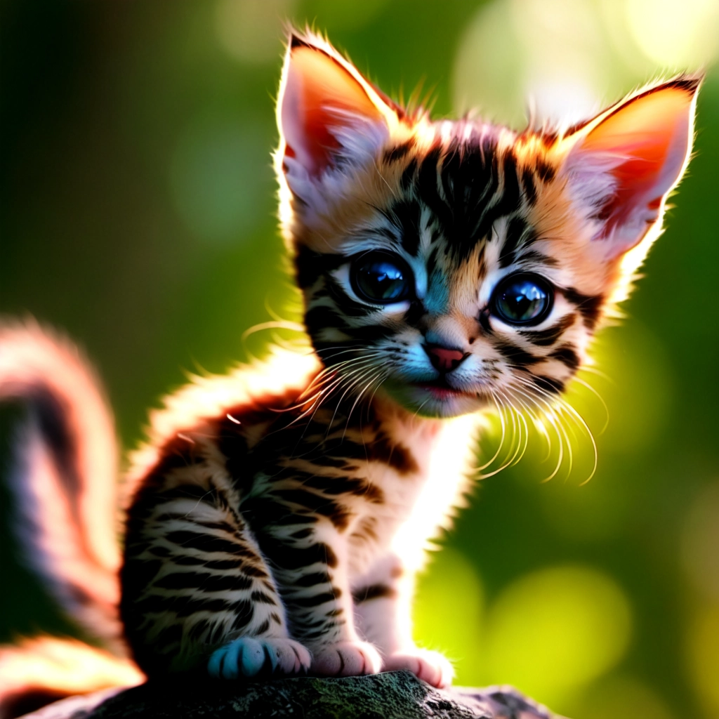 Cute chibi kitten with long neck like girafe in the mountain, 3D,