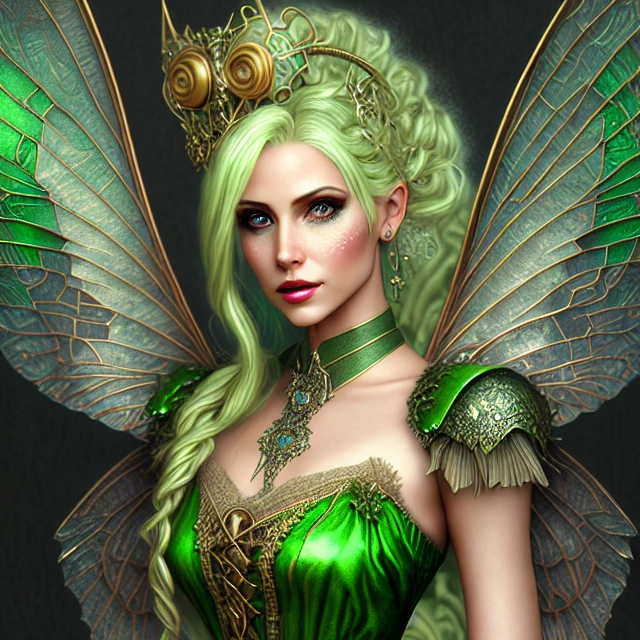 blonde fairy, green dress, steampunk, portrait