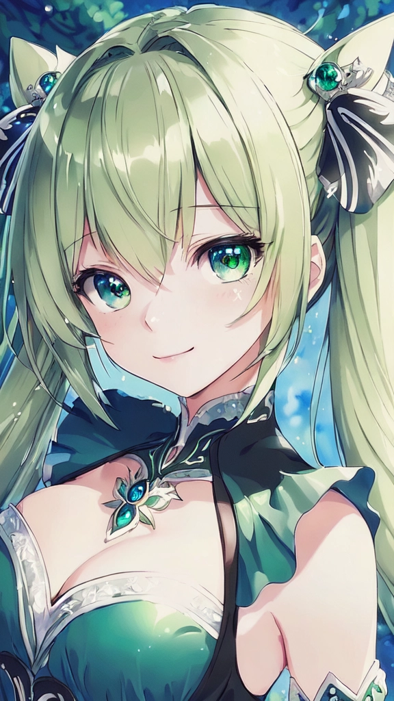 (((masterpiece))),(((best quality))),((ultra-detailed)),(illustration),((extremely delicate and beautiful)), dynamic angle, floating,(beautiful detailed eyes),(detailed light) (1girl), solo, floating_hair, glowing eyes, green hair, green eyes, twin tails, halter dress, blue background, smile, sky, plants