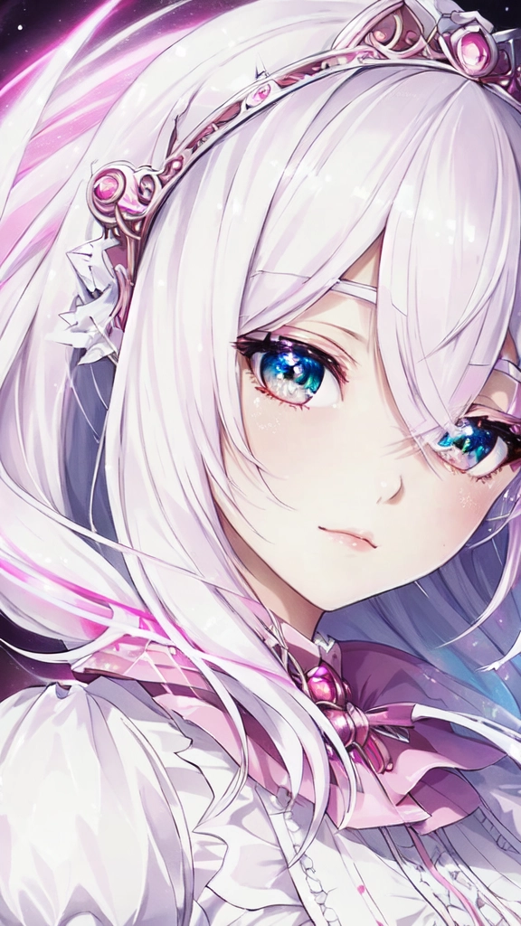 girl, white hair, pink theme, (((masterpiece))),(((best quality))),((ultra-detailed)),(illustration),((extremely delicate and beautiful)), dynamic angle, floating,(beautiful detailed eyes),(detailed light) (1girl), solo