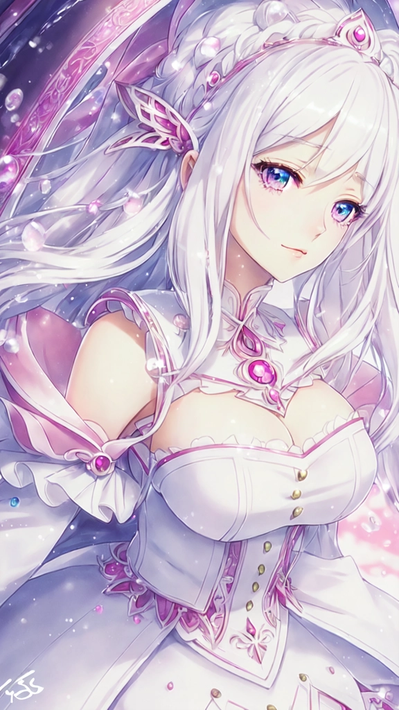 girl, white hair, pink theme, (((masterpiece))),(((best quality))),((ultra-detailed)),(illustration),((extremely delicate and beautiful)), dynamic angle, floating,(beautiful detailed eyes),(detailed light) (1girl), solo