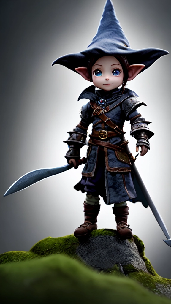 cute tiny goblin girl wearing hunter armor from Bloodborne and a wizard hat, geeen skin, d&d, trending on artstation,high quality