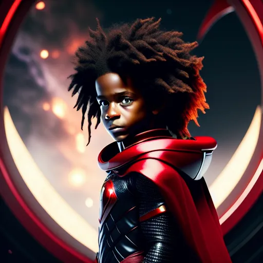 7 year old black boy superhero with dreaded hair , red cape and red m on chest