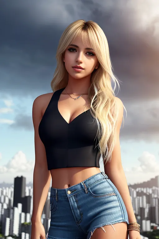 Elegant girl brazilian blonde in urban outfit in favela do brazil, cute fine face, rounded eyes, digital painting, fan art, pixiv, cloudy sky background lush landscape, choppy hair and bangs, Realistic, 8k