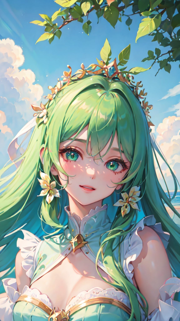 (((masterpiece))),(((best quality))),((ultra-detailed)),(illustration),((extremely delicate and beautiful)), dynamic angle, floating,(beautiful detailed eyes),(detailed light) (1girl), solo, floating_hair, glowing eyes, green hair, green eyes, twin tails, halter dress, blue background, plants, sky, cloud, close up, upper body, smile