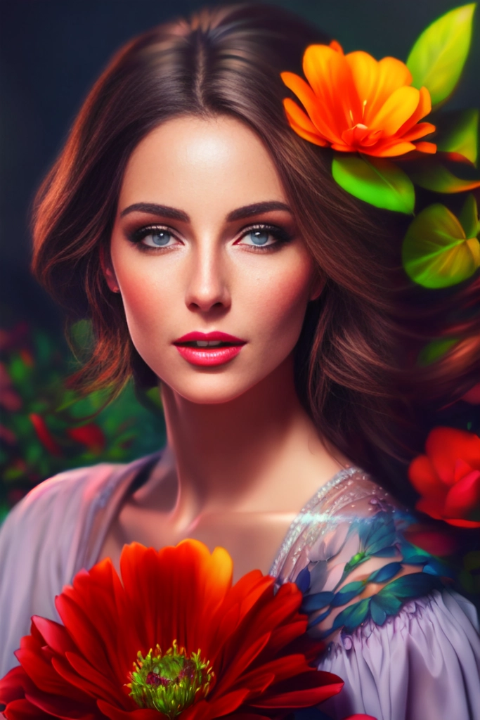 portrait of beautifull woman, photorealistic, flower, bright color, 4k