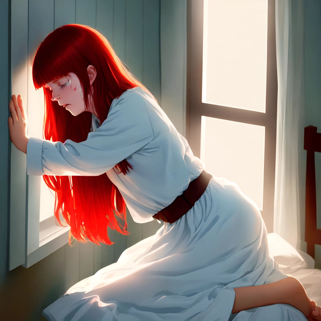 An upset Regan MacNeil crying after her exorcism, red hair with middle parted bangs. blue eyes, light facial wounds, 12 year old girl, tween, light blue nightgown, leaning against bedroom wall, tears rolling down her eyes, very sad