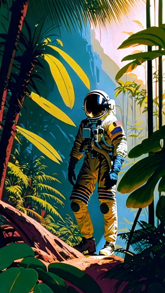 "Astronaut in a Jungle" by Syd Mead, cold color palette, muted colors, detailed, 8k