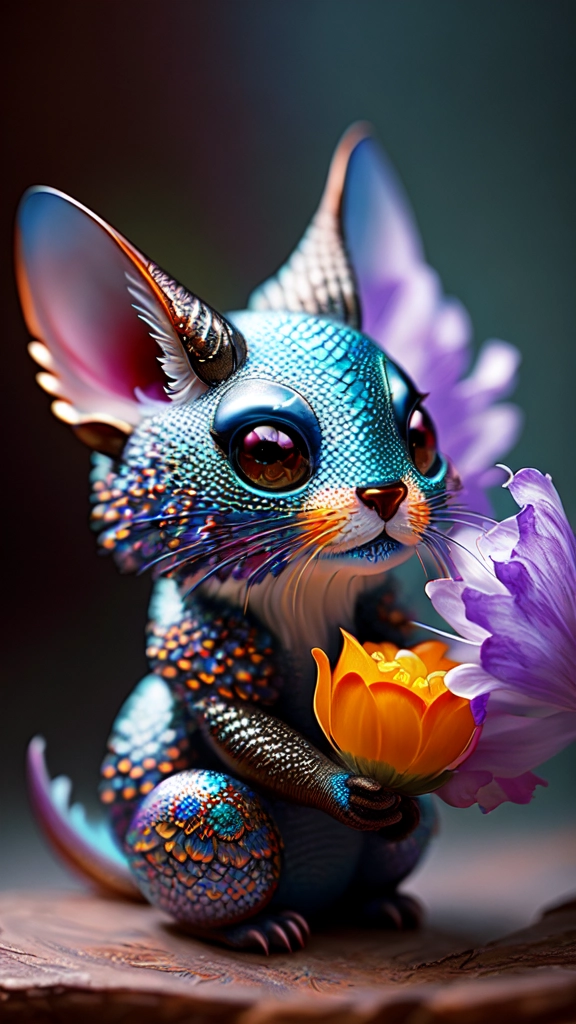 "Extremely Ultrarealistic Photorealistic cute creature holding a flower, by James Jean and Android Jones: Jeff Koons: Erin Hanson: Joe Fenton: Dan Mumford: professional photography, natural lighting, volumetric lighting maximalist photoillustration 8k resolution concept art intricately detailed, complex, elegant, expansive, fantastical:"