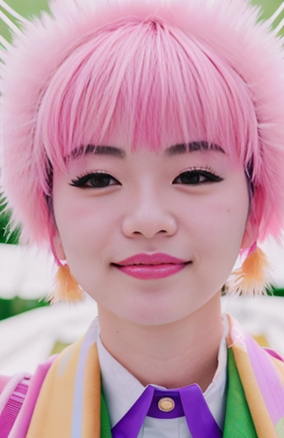 Japanese woman with pink skin and short messy pink hair with white antennas wearing green and purple dress with a fluffy white collar