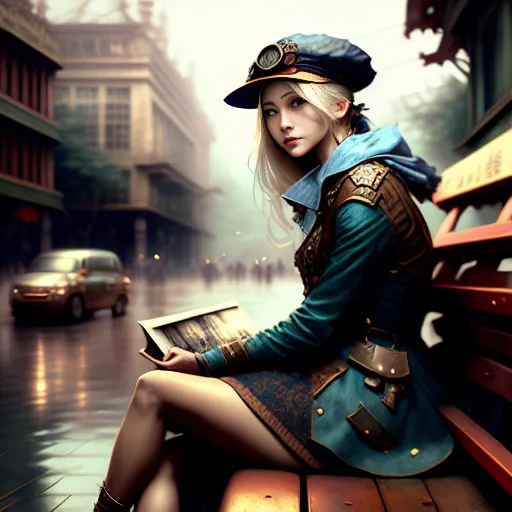 pretty blonde girl with brown newsboy cap and denim dress sitting on a park bench
