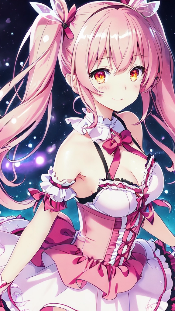 ((ultra-detailed)),(illustration),((extremely delicate and beautiful)), dynamic angle, floating, (1girl), solo, glowing eyes, twin tails, halter dress, pink theme, hazutake hazano, deep, bow