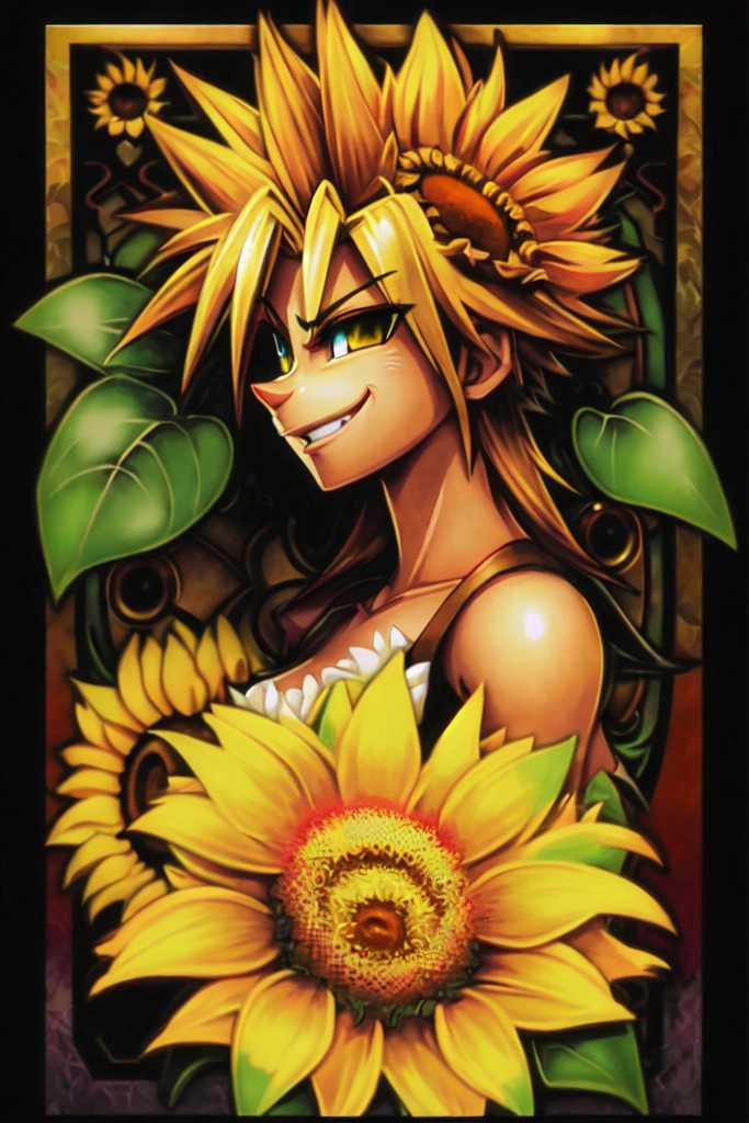 traditional art  of crash bandicoot with sunflowers at back, art nouveau style,