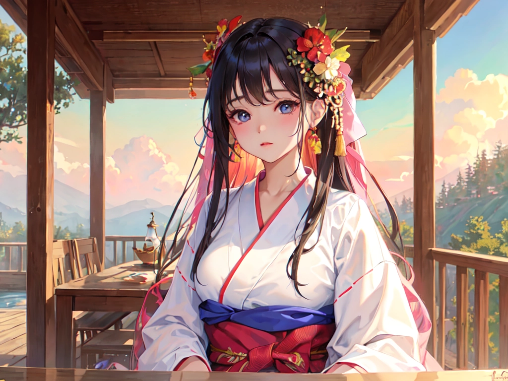 depth of field, normal view, realistic beautiful gorgeous natural, elegant, girl, art drawn full hd, 4 k, highest quality, in artstyle by professional artists wl, sunlight, leaves, yukata, close-up, upper body, front face, looking at the camera, winter, hot spring, irises and pupils are rounded, the pupilreflects the surroundings, eyes are not the same size, watery eyes