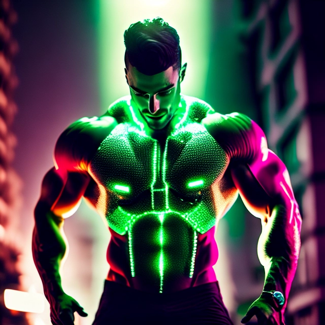 muscular male, preppy, cyborg arms, cyborg eyes, glowing green eyes, city, night, rain, neon