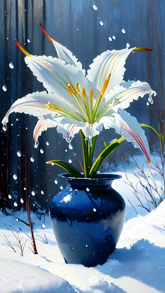 portrait, oil painting, spring drip, white lilies in the snow, maximum detail