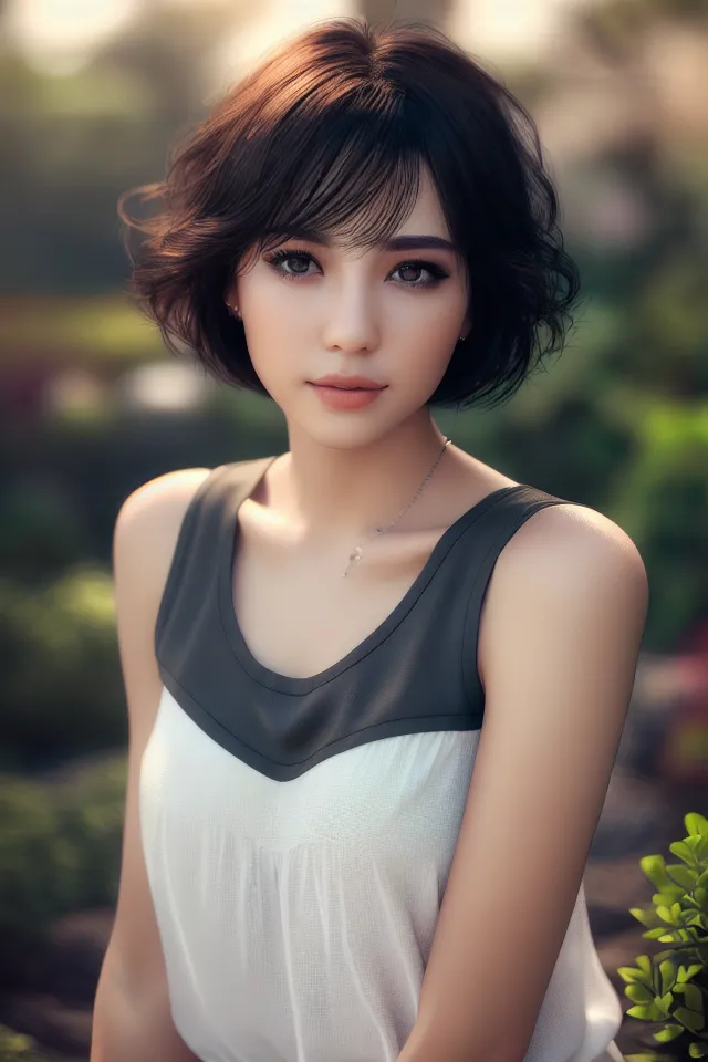 (((realism, realistic, portrait, realphoto))), ((garden, sky)), (black eyes, short hair, tank top, Asian), realistic beautiful gorgeous natural cute, fantasy, elegant, lovely, princess girl, art drawn full hd, 4 k, highest quality, in artstyle by professional artists wl