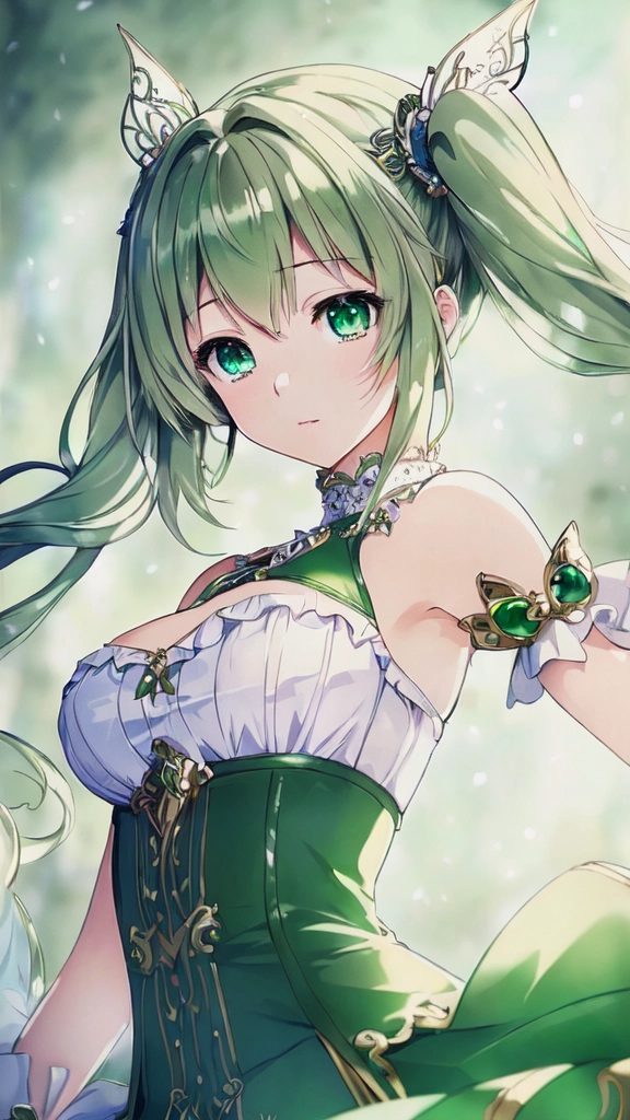 (((masterpiece))),(((best quality))),((ultra-detailed)),(illustration),((extremely delicate and beautiful)), dynamic angle, floating,(beautiful detailed eyes),(detailed light) (1girl), solo, floating_hair, glowing eyes, green hair, green eyes, twin tails, halter dress, green background