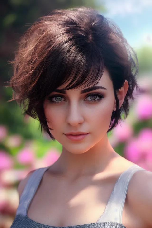 (((realism, realistic, portrait, realphoto))), ((garden, sky)), (black eyes, short hair, tank top), realistic beautiful gorgeous natural cute, fantasy, elegant, lovely, princess girl, art drawn full hd, 4 k, highest quality, in artstyle by professional artists wl