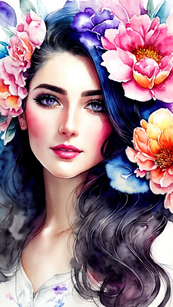 female floral hand-drawn watercolor, flowers everywhere, realistic, beautiful, gorgeous, art drawn, in artstyle by professional artists wl, ultra-detailed face, masterpiece, best quality, ultra detailed, sharp focus