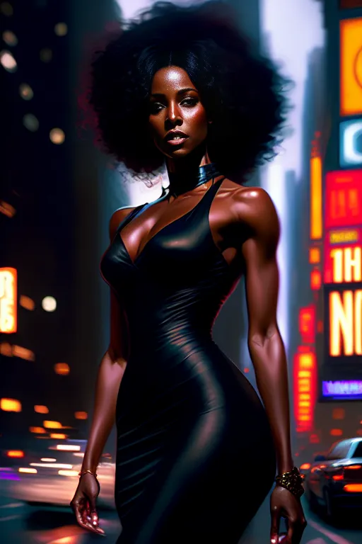 A black woman in a tight dress, hourglass body, curly hair, beautiful, nightlight, in new york