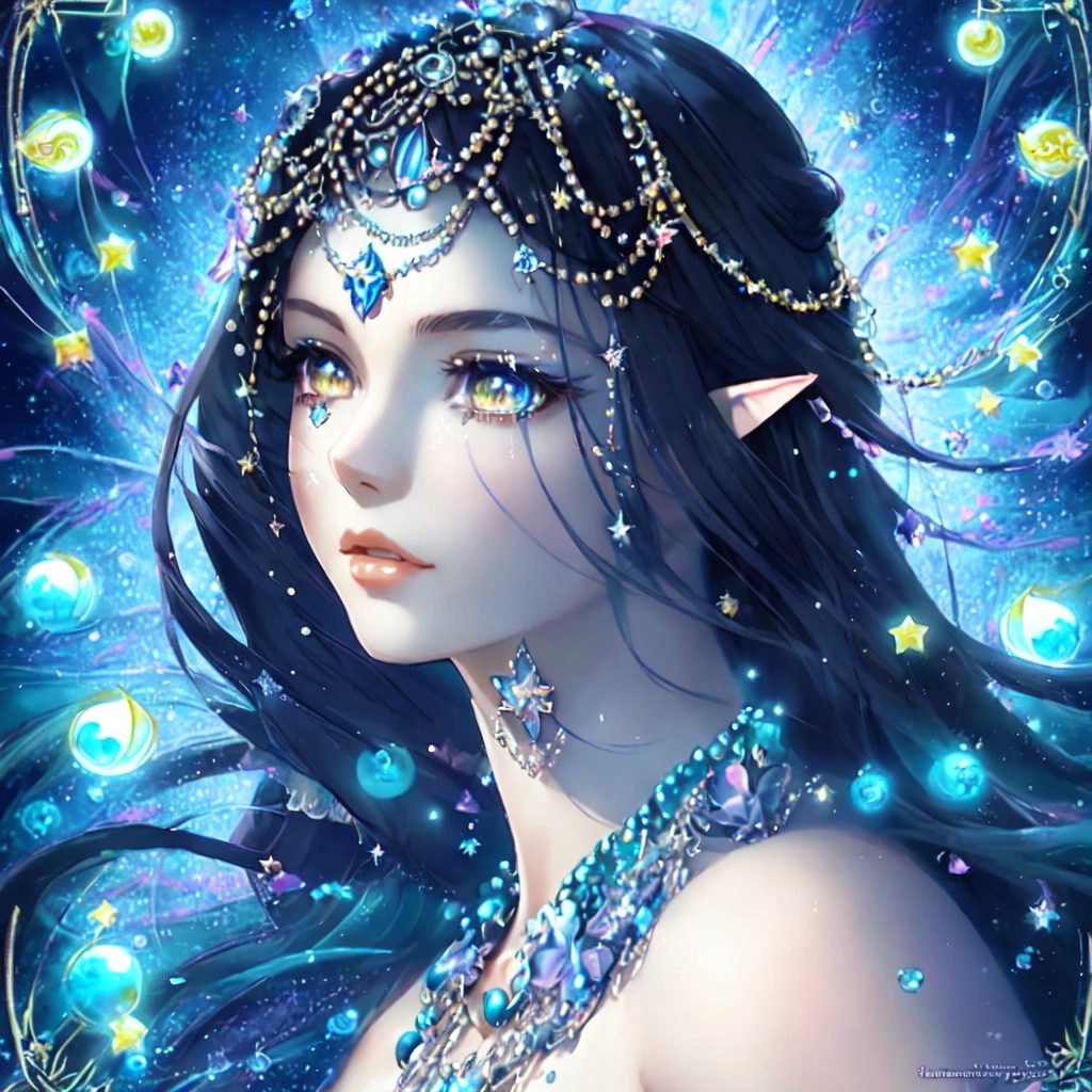 flowers fairy girl on a tarot card background art deco style with moons and stars surrounding beautiful hair and bangs and pearls mermaids underwater theme with black hair and brown eyes youthful face anime style