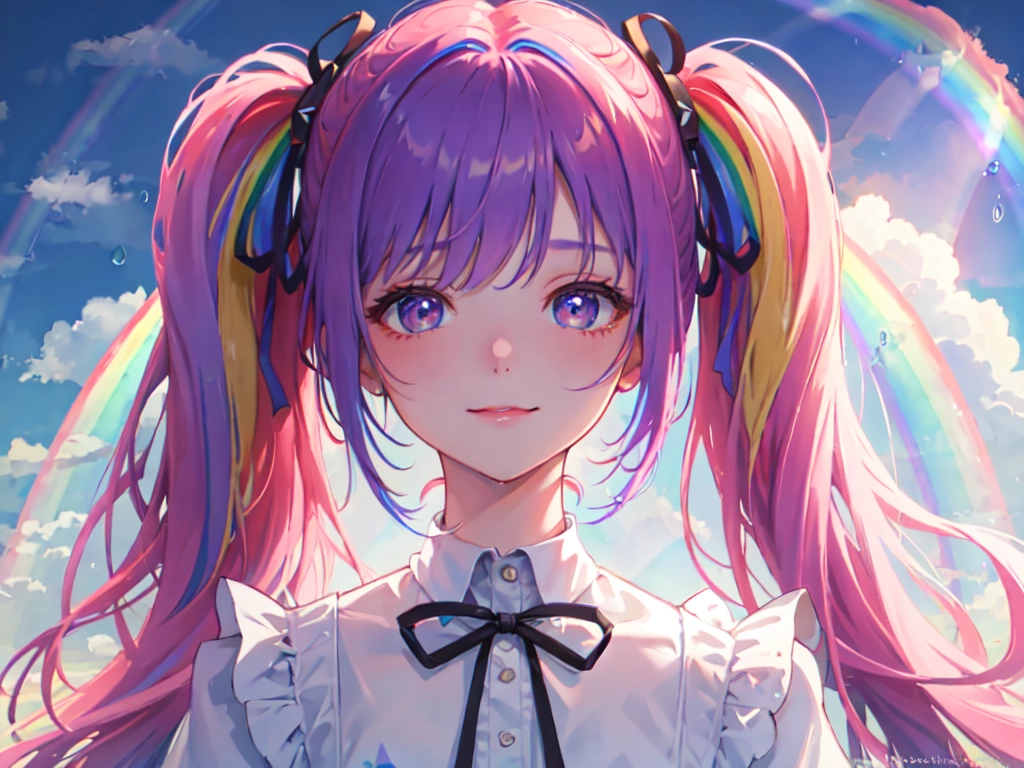 glowing eyes, ((rain, rainbow, rainbow hair)), twin tails, halter dress, blue background, plants, sky, cloud, close up, upper body, smile, watercolor, flowers everywhere, realistic, beautiful, gorgeous, art drawn, in artstyle by professional artists wl, ultra-detailed face, masterpiece, best quality, ultra detailed, sharp focus