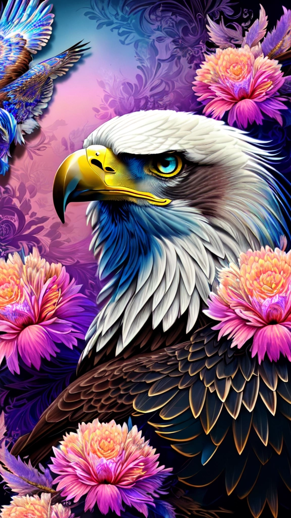 overwhelmingly beautiful eagle framed with vector flowers, long shiny wavy flowing hair, polished, ultra detailed vector floral illustration mixed with hyper realism, muted pastel colors, vector floral details in background, muted colors, hyper detailed ultra intricate overwhelming realism in detailed complex scene with magical fantasy atmosphere, no signature, no watermark,colorful