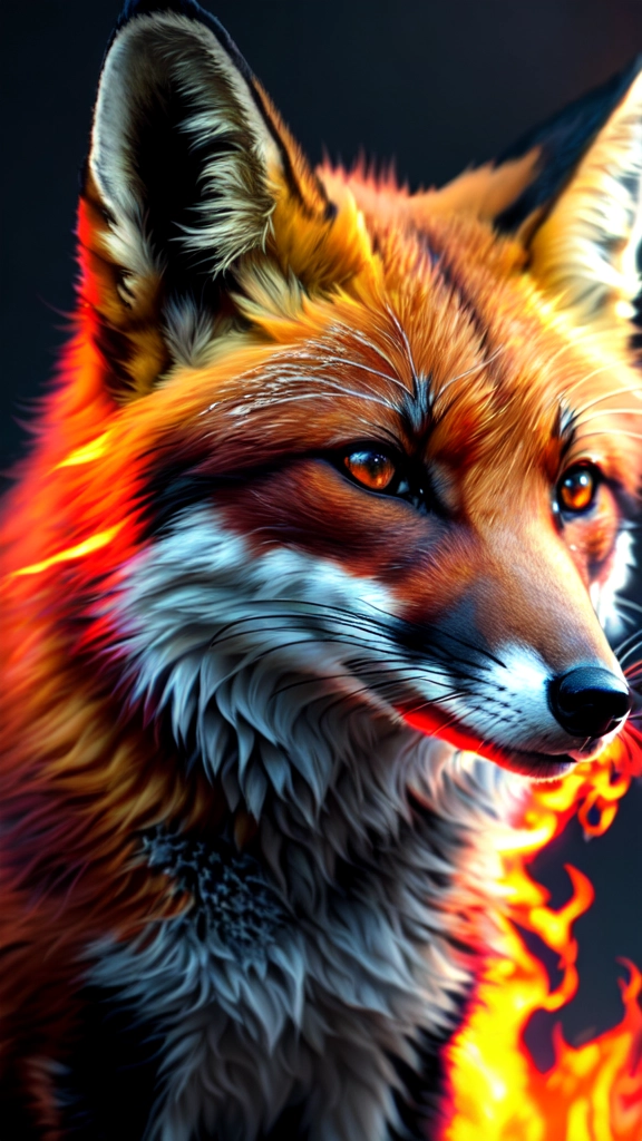 photo, red fox from the front with staring, ultra detailed, ultra sharp, vivid colors, coming out of fire outlined with phased flames, on a black background, cinematic, 4k, epic Steven Spielberg movie still, sharp focus, emitting diodes, smoke, artillery, sparks, racks, system unit, motherboard, by pascal blanche rutkowski repin artstation hyperrealism painting concept art of detailed character