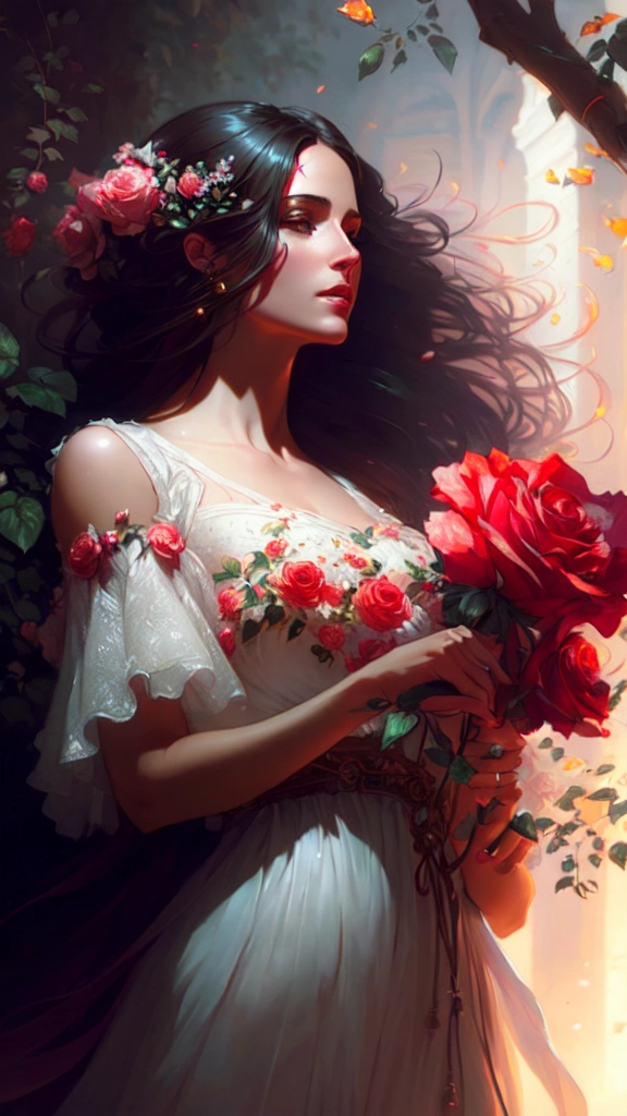woman smelling a flower, roses everywhere, highly detailed, digital painting, artstation, concept art, smooth, sharp focus, illustration, art by artgerm and greg rutkowski and alphonse mucha