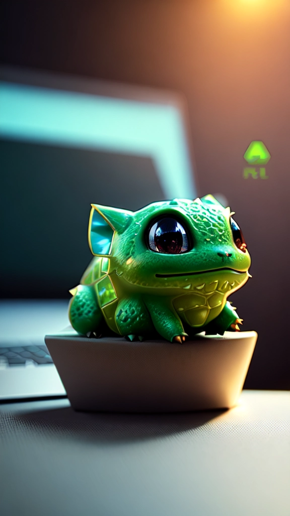 Cute small bulbasaur sitting in front of laptop ,unreal engine, cozy indoor lighting, artstation, detailed, digital painting,cinematic,character design by mark ryden and pixar and hayao miyazaki, unreal 5, daz, hyperrealistic, octane render