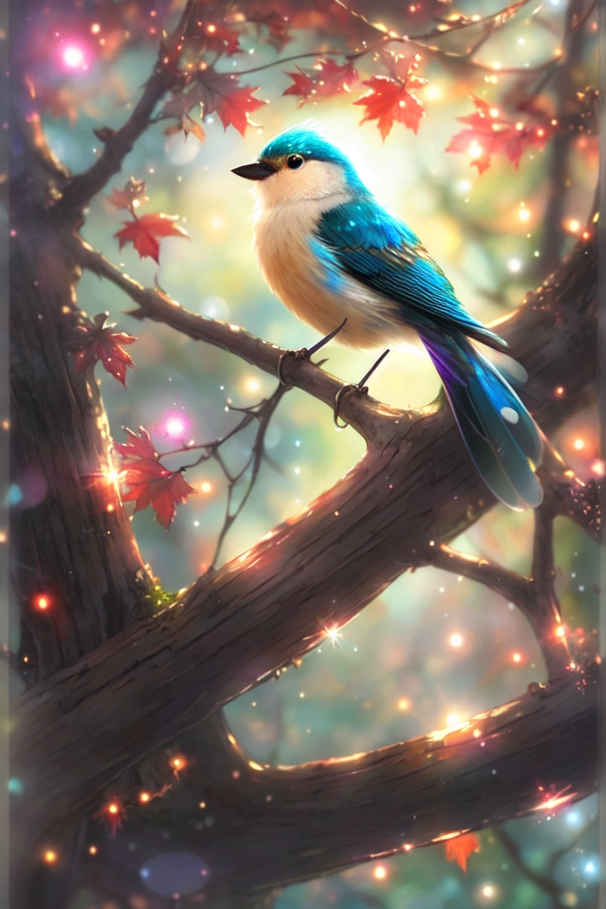 a charming  bird in  a tree ..tree branch  in  the background.ultra hd detailed painting,digital art, Jean-Baptiste Monge style, bright,beautiful,splash,Glittering, cute and adorable,filigree,rim lighting,lights,extremely,magic,surreal,fantasy, digital art,wlop,artgerm and james jean,centered,symmetry,painted,intricate, volumetric lighting,beautiful,rich deep clolors masterpiece,sharp focus