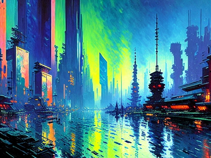  cyberpunk city, exoplanet, epic, sci-fi, galaxy, konstantin korovin and claude monet painting