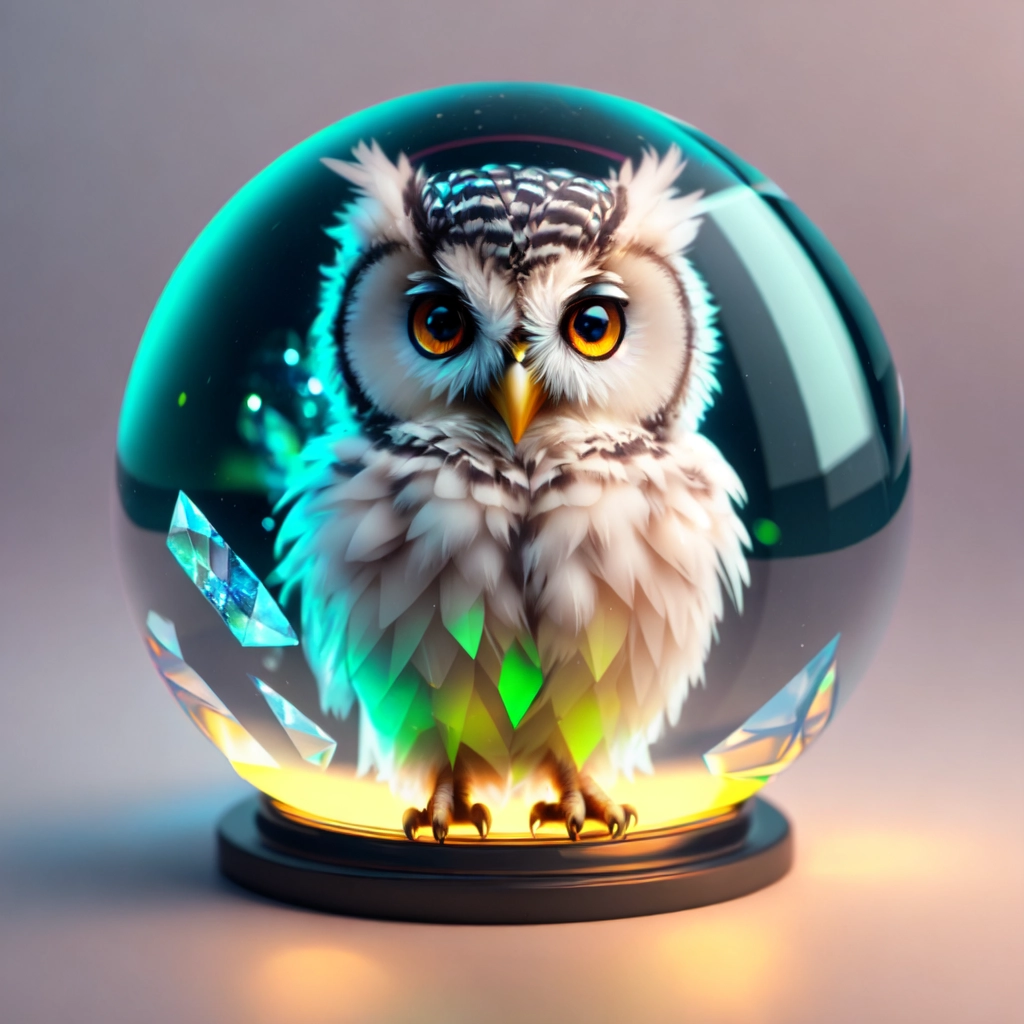 sticker of A cute adorable baby owl made of crystal ball with low poly eye's surrounded by glowing aura highly detailed intricated concept art trending artstation 8k, Symmetry with white background