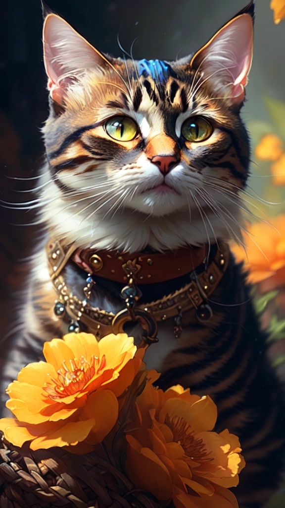 a detailed portrait of cat holding flower illustrator, by justin gerard and greg rutkowski, digital art, realistic painting, dnd, character design, trending on artstation