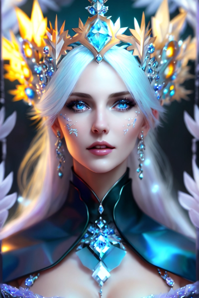 Woman with platinum hair, in a dress of ice flowers, a beautiful crown on her head, detailed face, detailed skin, front, background frozen forest, cover, unzoom, choker, hyperdetailed painting, luminism, Bar lighting, complex, 4k resolution concept art portrait by Greg Rutkowski