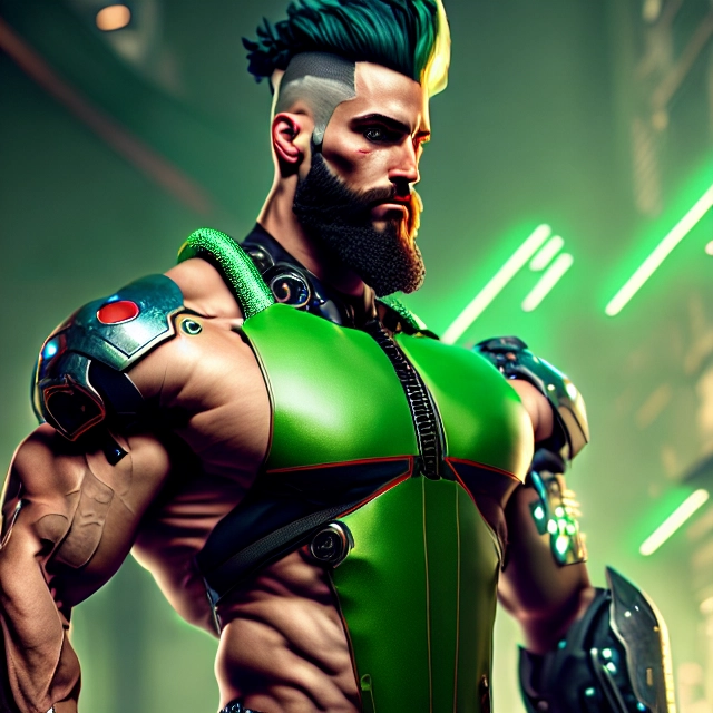 muscular male, cyborg-arms, cyborg, cyborg-eyes, beard, green hair, preppy