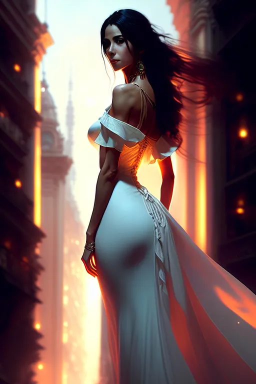 A mexican woman in a tight white dress, hourglass body, long hair, beautiful, nightlight, in mexico city