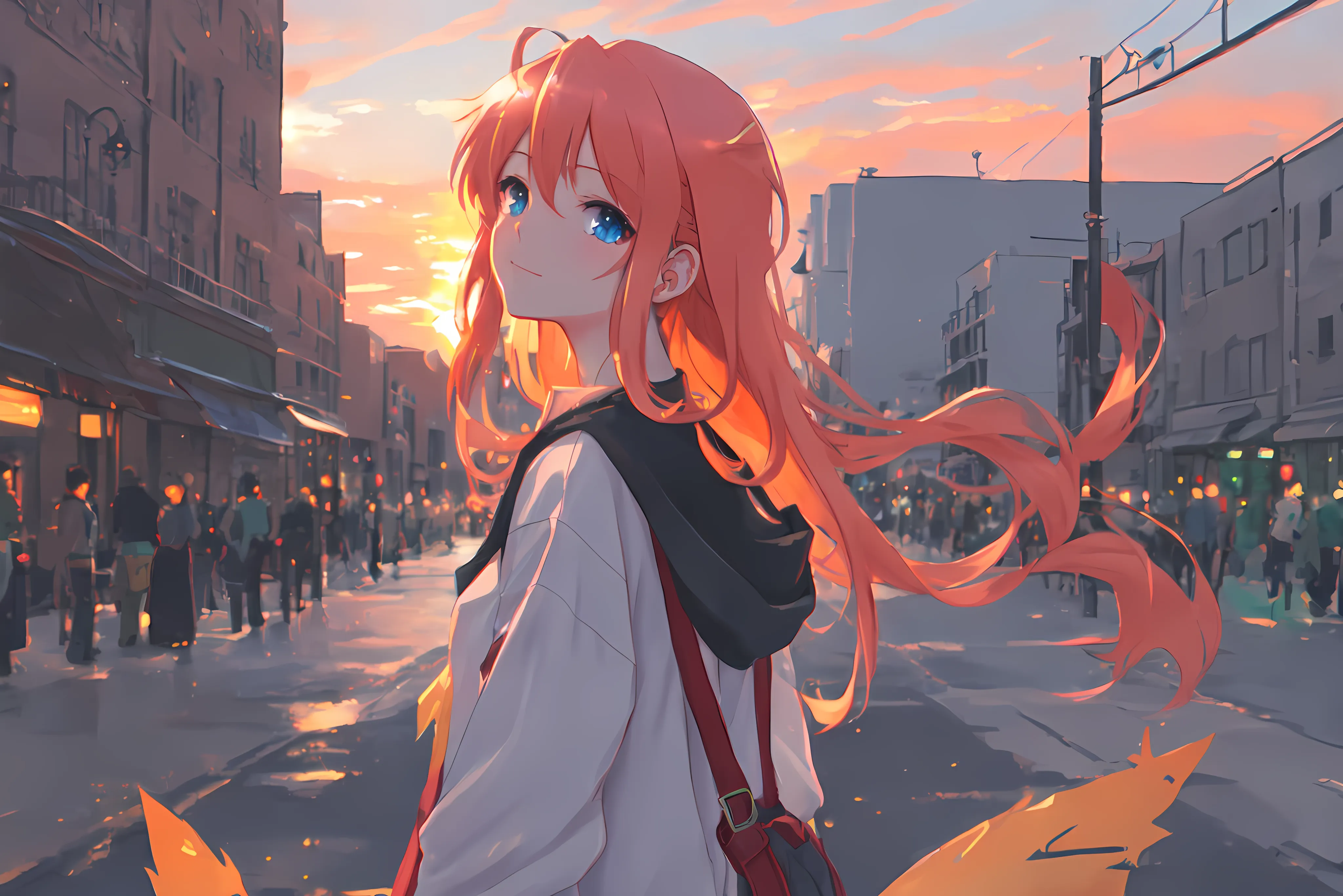 ((street, sunset)), (crowd), realistic beautiful gorgeous natural cute, fantasy, elegant, lovely, art drawn full hd, 4 k, highest quality, in artstyle by professional artists wl, close up
