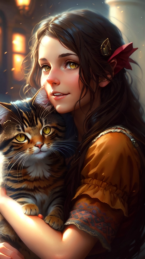 a detailed portrait of a cute brunette girl hugging a tabby cat illustrator, by justin gerard and greg rutkowski, digital art, realistic painting, dnd, character design, trending on artstation