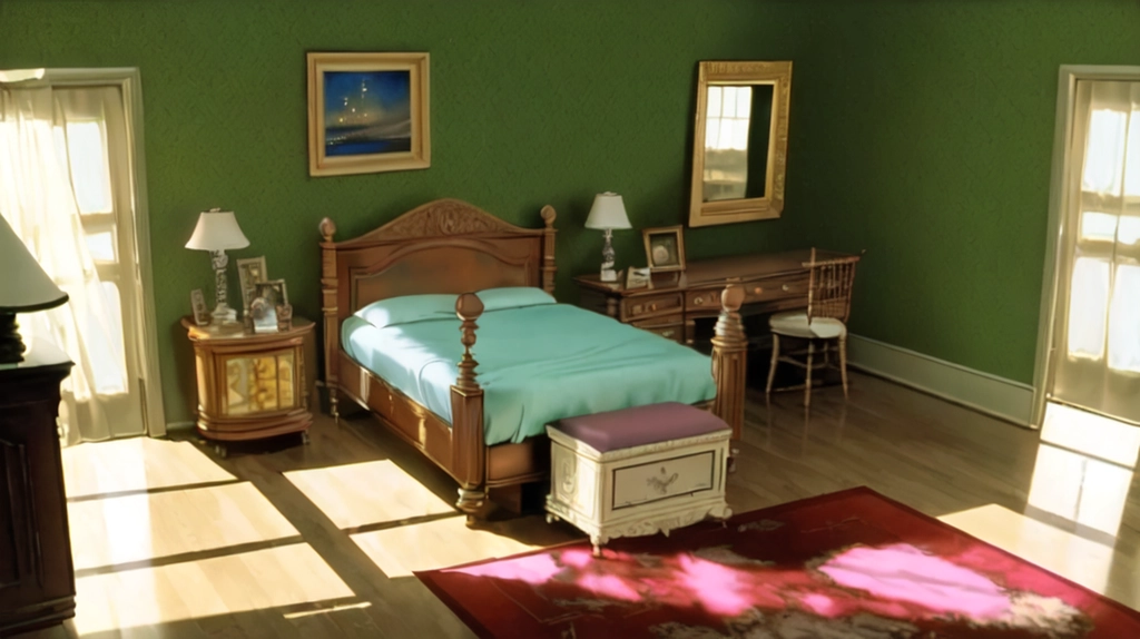 Regan MacNeil's bedroom from The Exorcist, desk, endtable, mirror, cannonball bed, 1970s